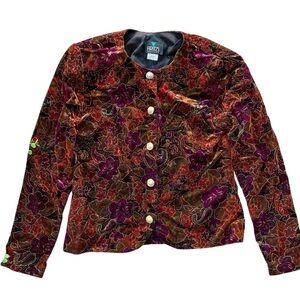 Vtg Fritzi California Velvet Floral Buttoned Jacket Rust Burnt Orange Gold Sz M